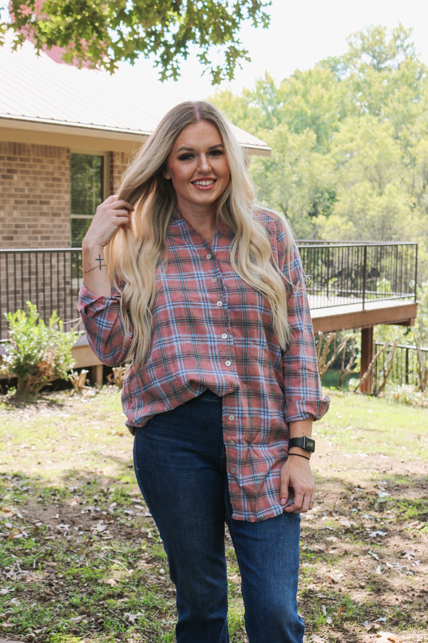 Girls Retreat Mauve Plaid Flannel Top