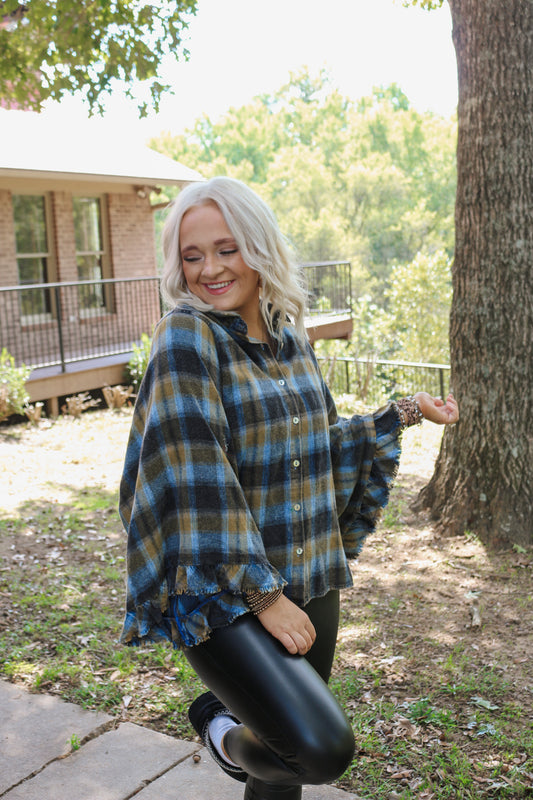 Same Old Story Navy Plaid Blouse