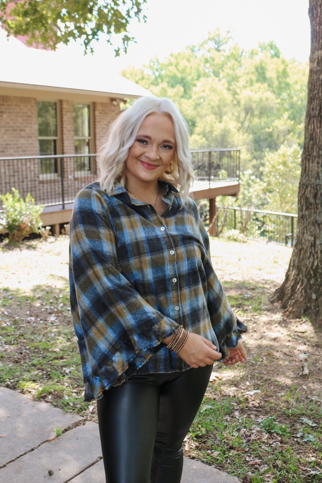 Same Old Story Navy Plaid Blouse