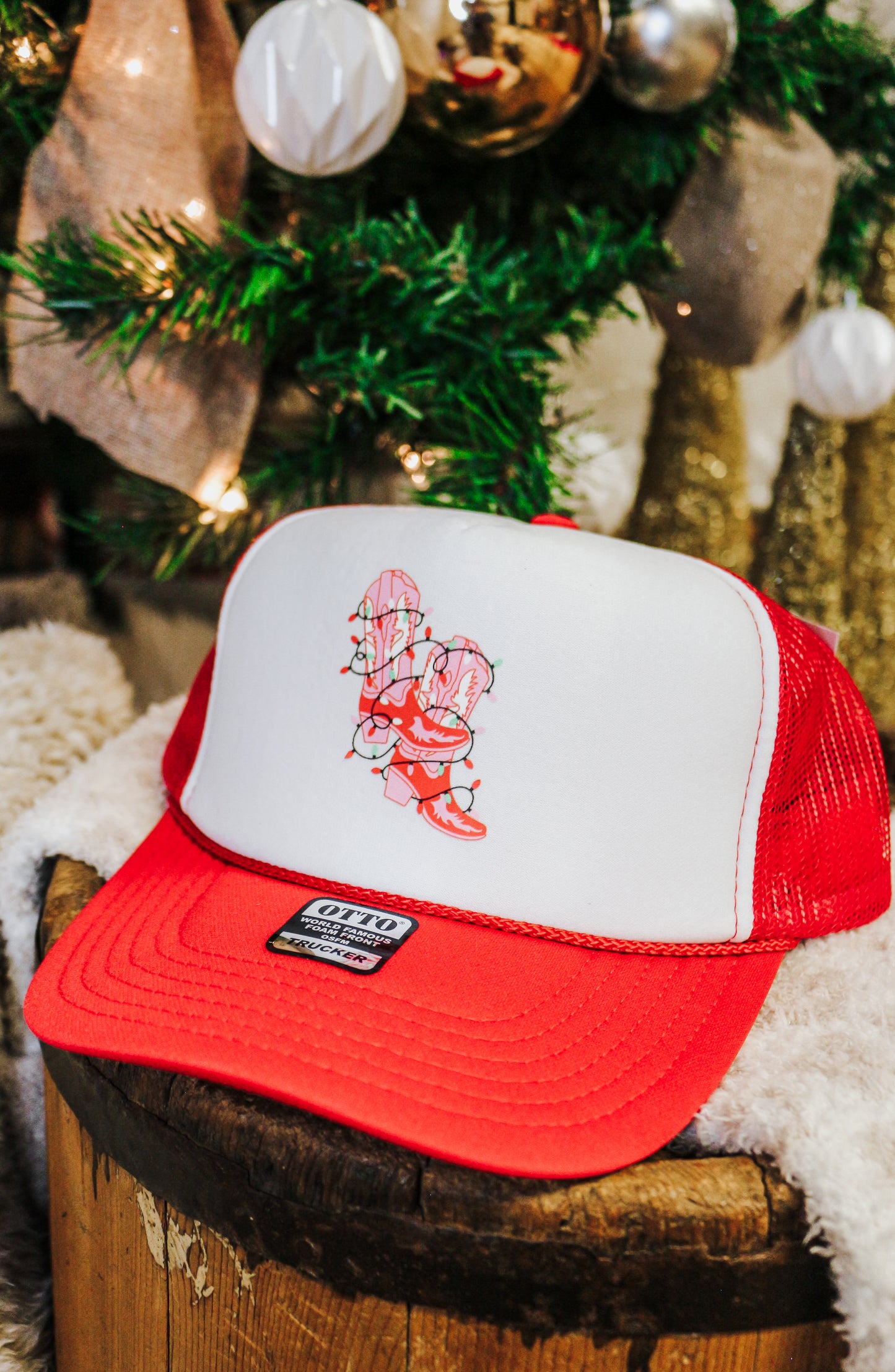 Red & White Christmas Boots Foam Trucker Hat