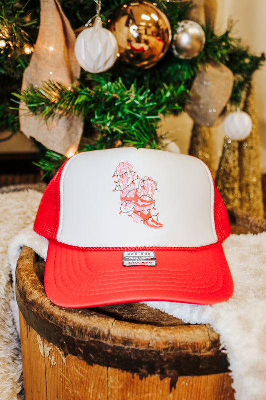 Red & White Christmas Boots Foam Trucker Hat
