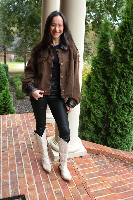 Limitless Efforts Cocoa Leather Denim Jacket