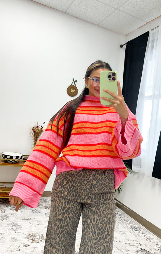 Quinnie Pink & Orange Turtleneck Sweater By Mud Pie