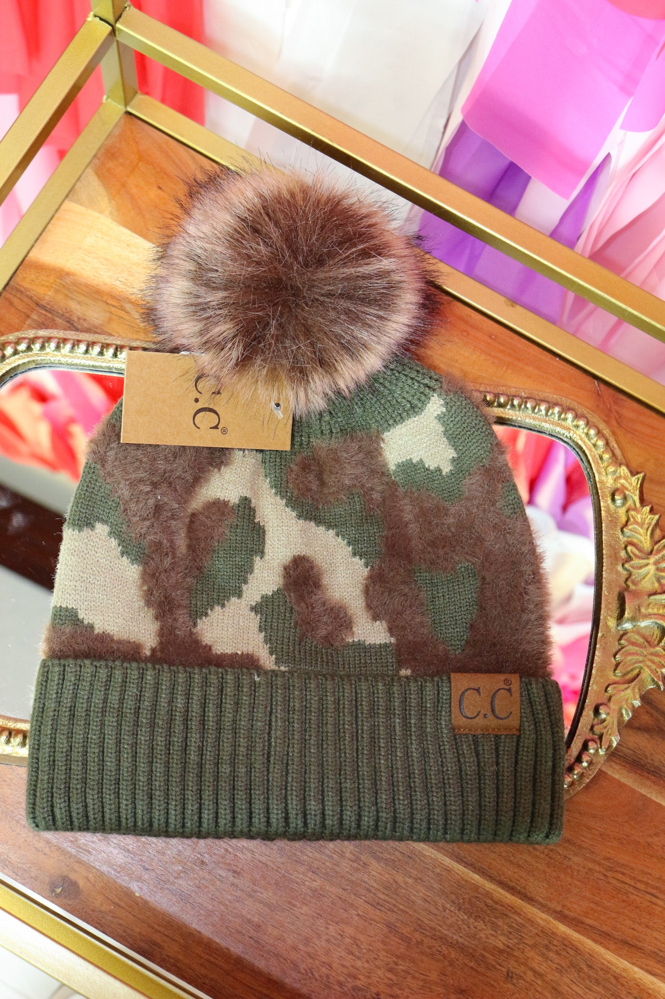 Abstract Camo Print Pom C.C Beanie  -Olive Green