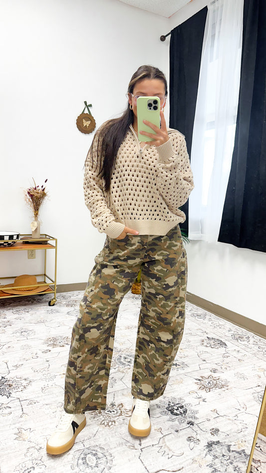 Know That Feeling Camo Barrel Leg Jeans