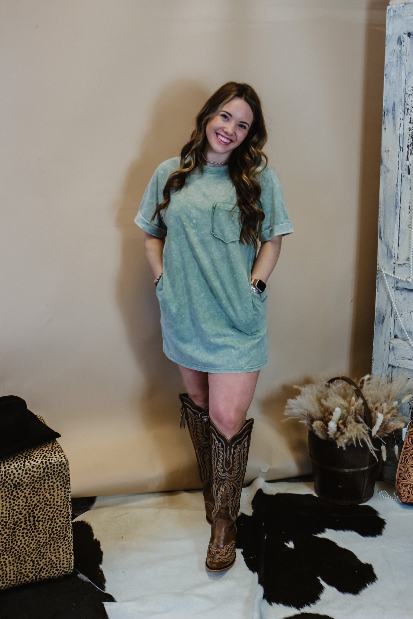 Classic Timing Sage Acid Wash TShirt Dress Dales Clothing Inc