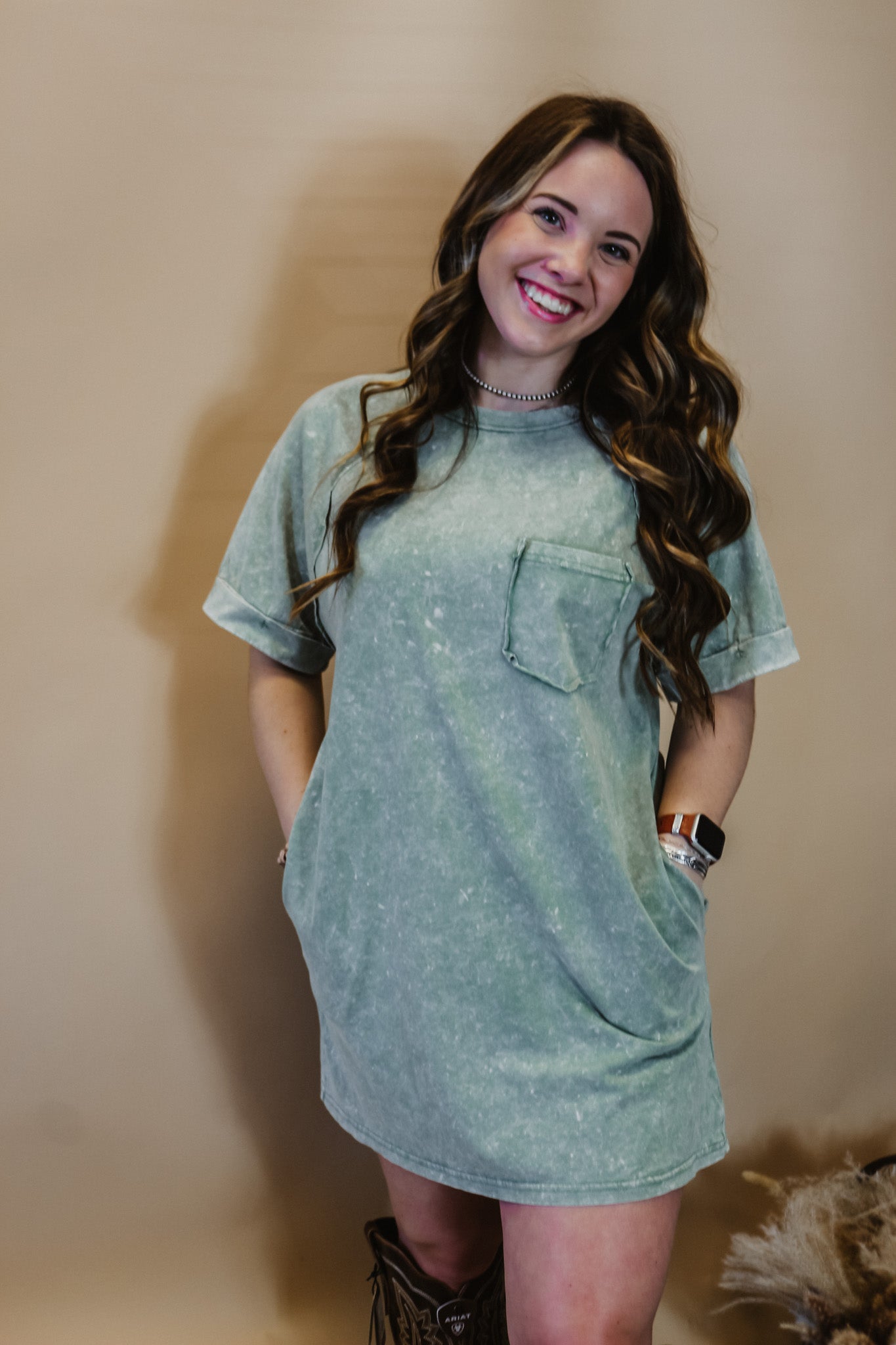 Classic Timing Sage Acid Wash TShirt Dress Dales Clothing Inc