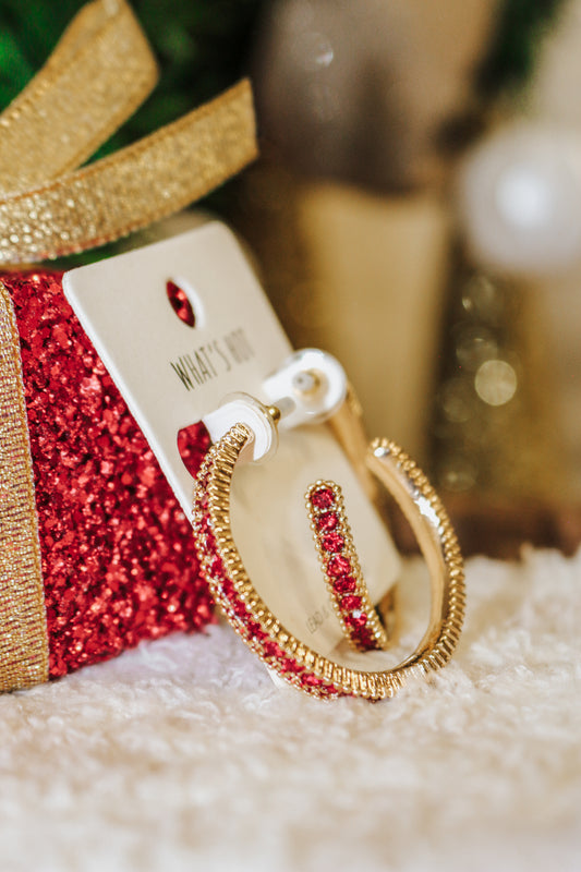 Gold Metal Hoop With Red Crystal Accents 2" Earring