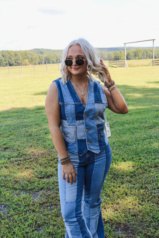 Wrangler X Lainey Wilson Denim Blue Patchwork Vest