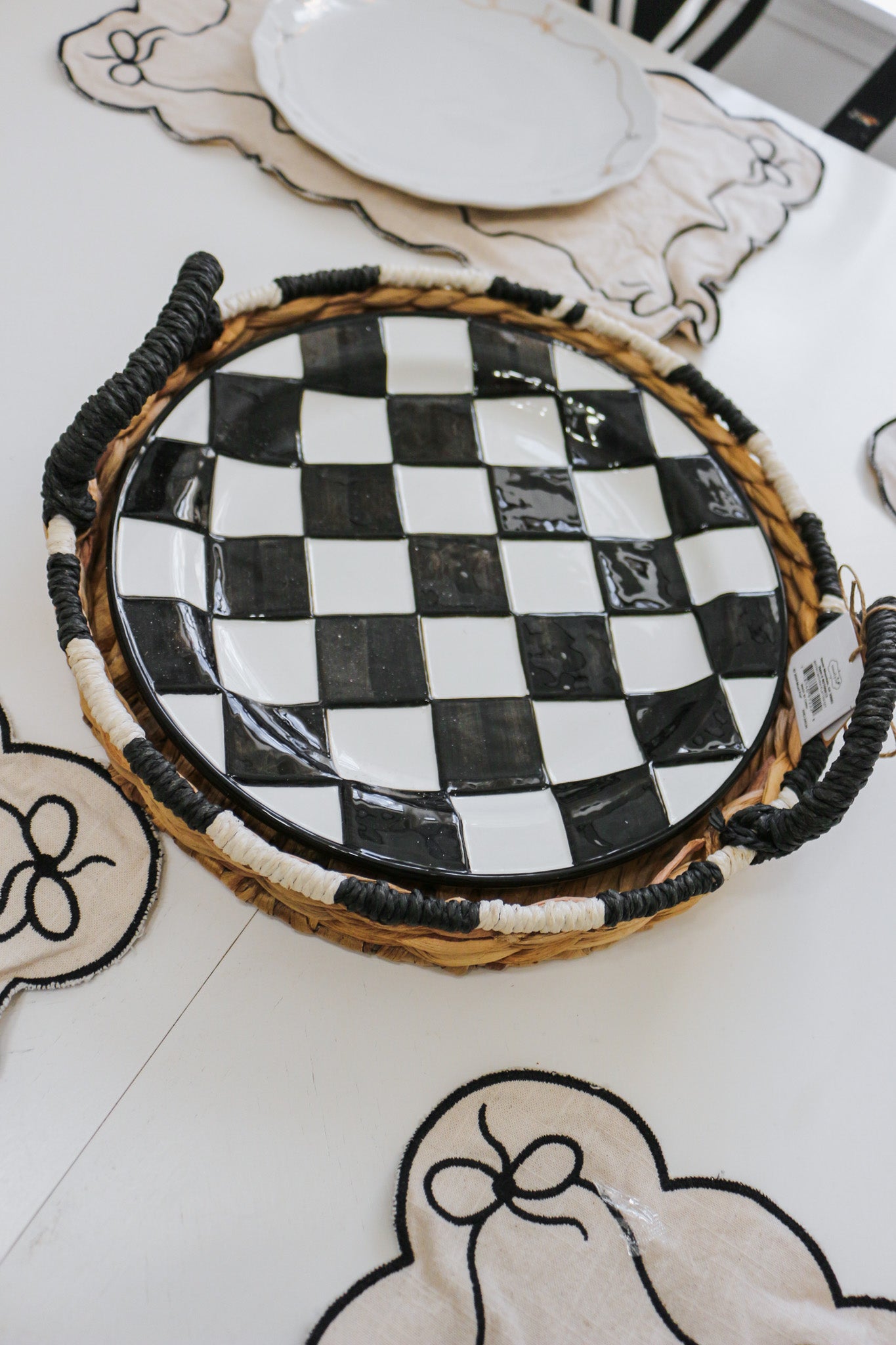 Black & White Checkered Platter Basket Set