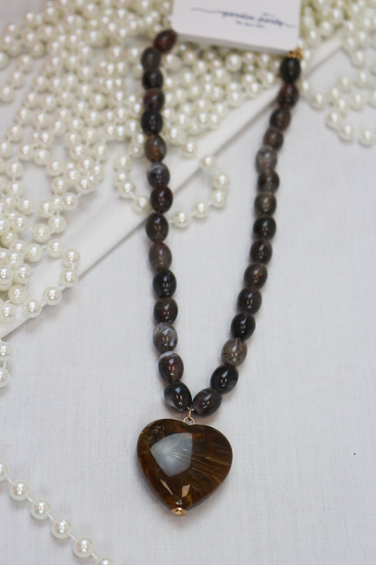 Brown Beaded Stone Heart Necklace