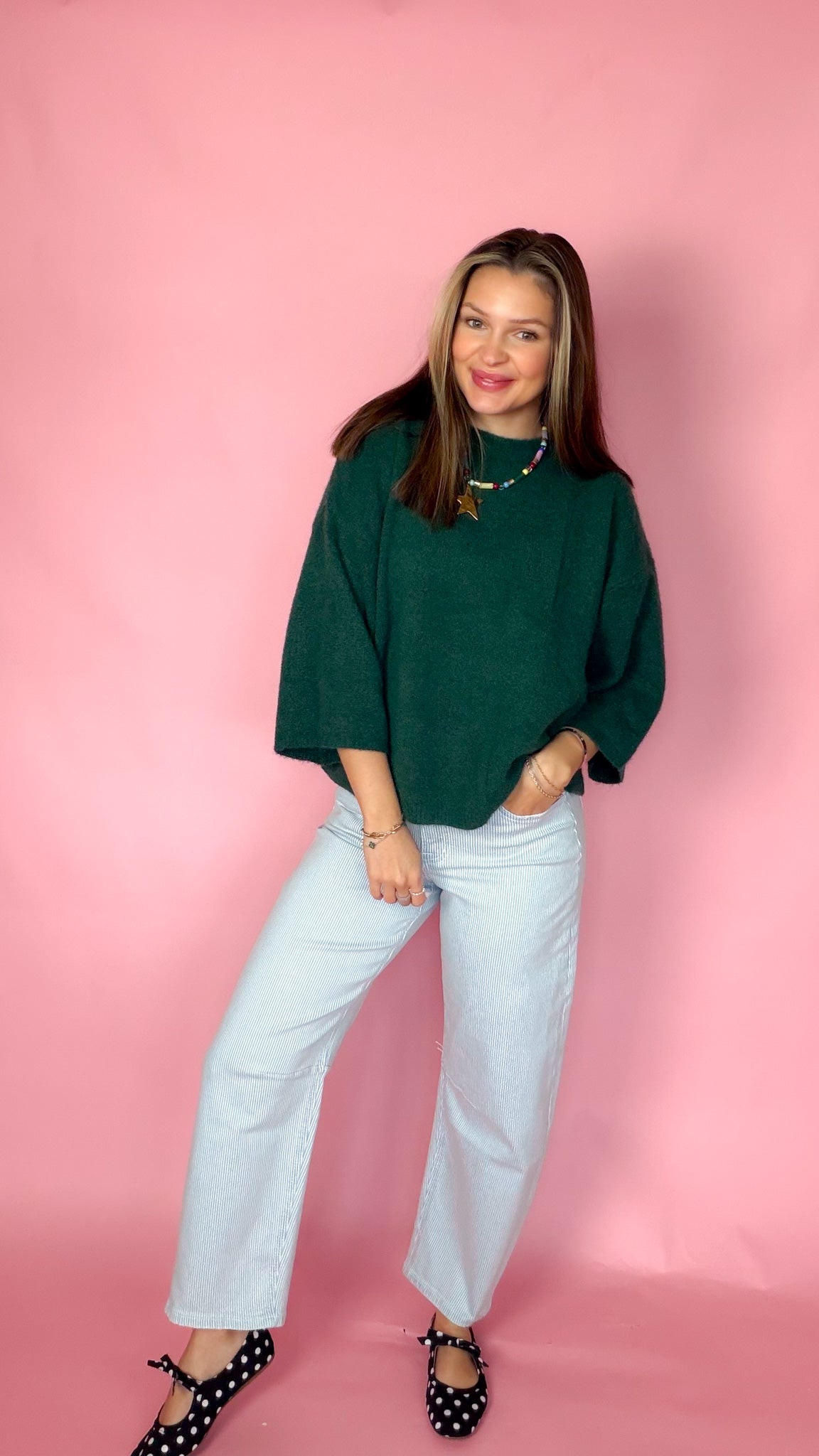 Sweet Nothings Hunter Green Sweater, full front view with polka dot flats