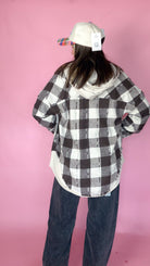 Good Company Hoodie Plaid Flannel in black and white, back view showing the hood