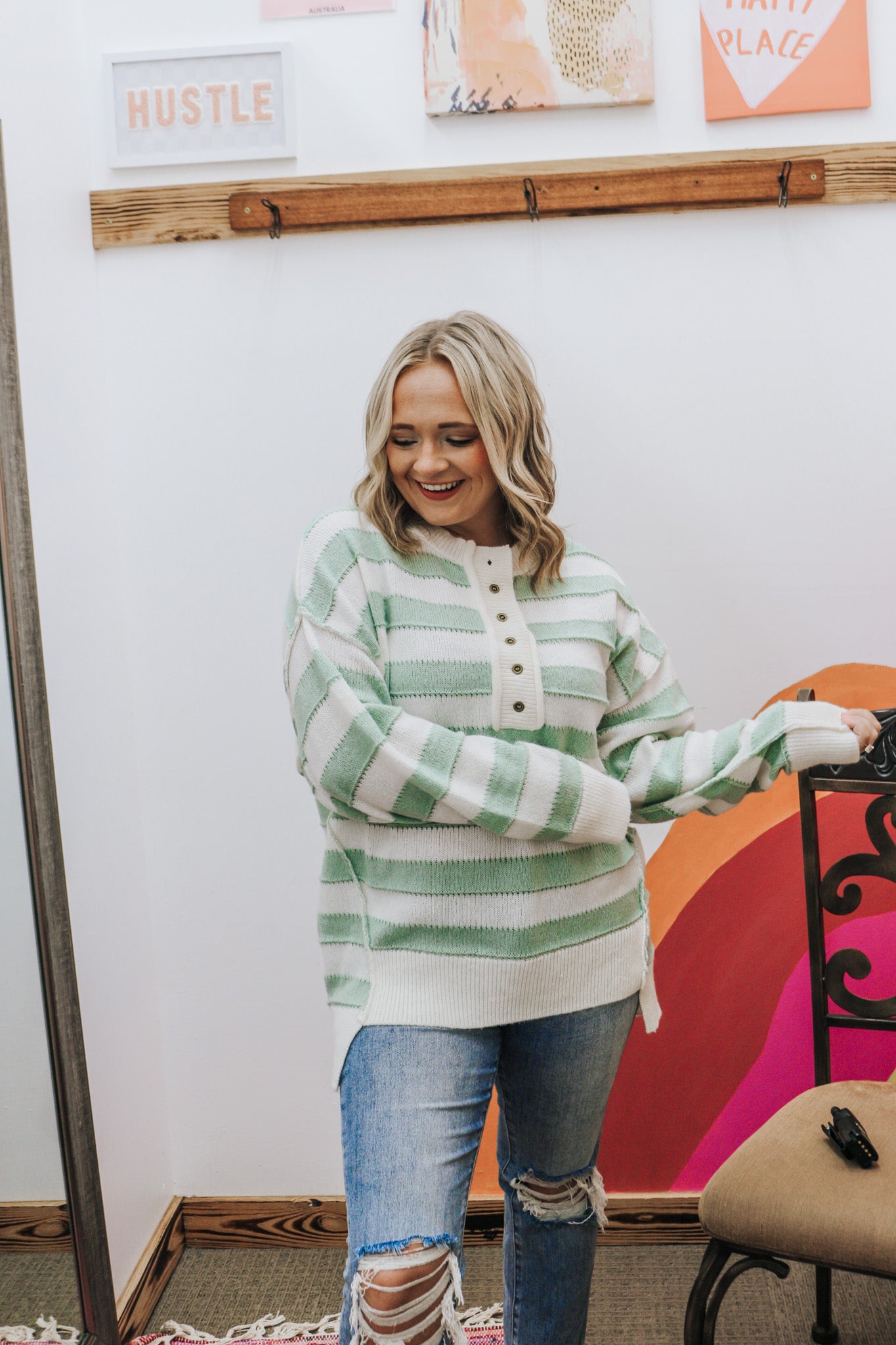 Act Natural Sage White Stripe Sweater