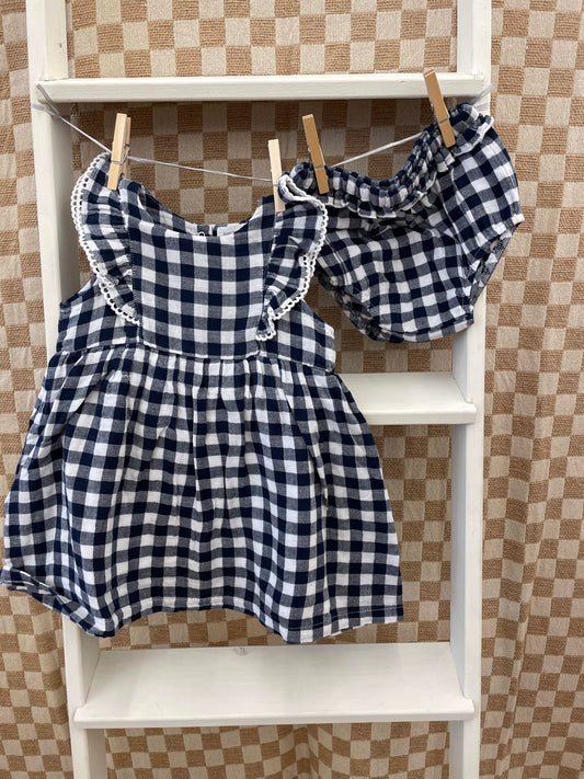Infant Girls Gingham Diaper Cover Ruffle Dress- Navy