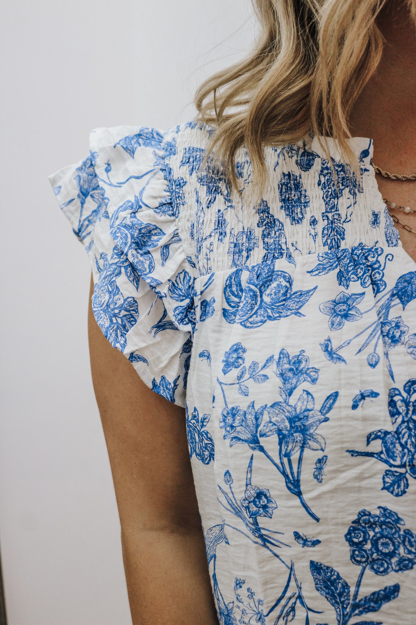 Calm Meadow Blue White Floral Blouse