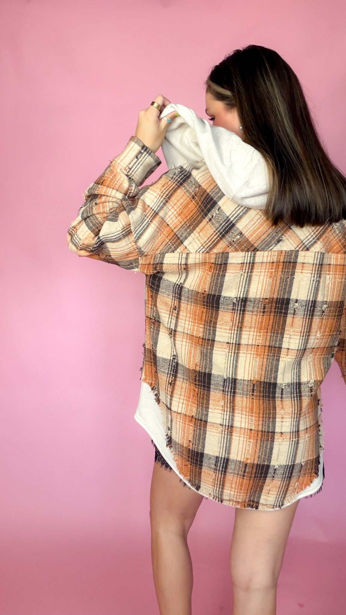 Good Company Hoodie Plaid Flannel in orange plaid, back view with hood