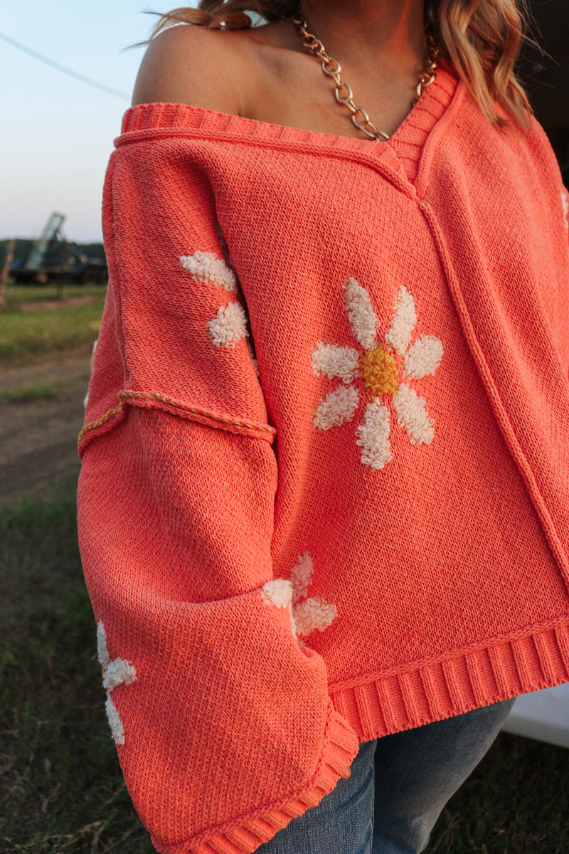 So Laid Back Floral Sweater CORAL