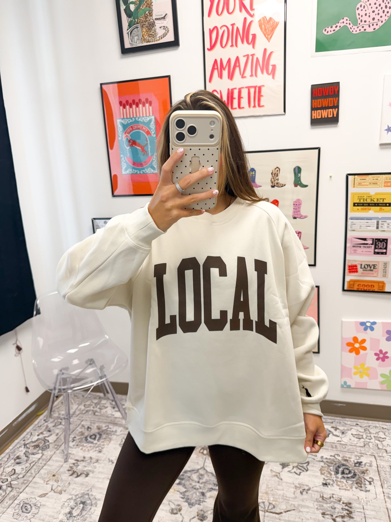 Local Girl Crescent crew sweatshirt, shown in one of four available colors