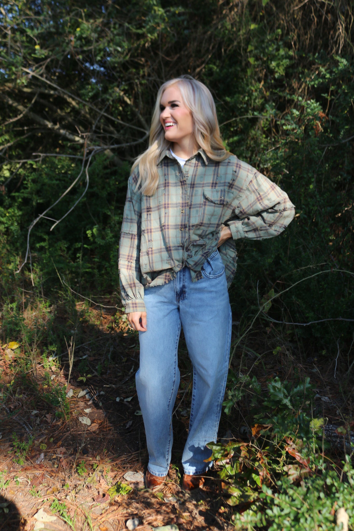 Flirty In Fall Distressed Plaid Flannel Top -2 Colors