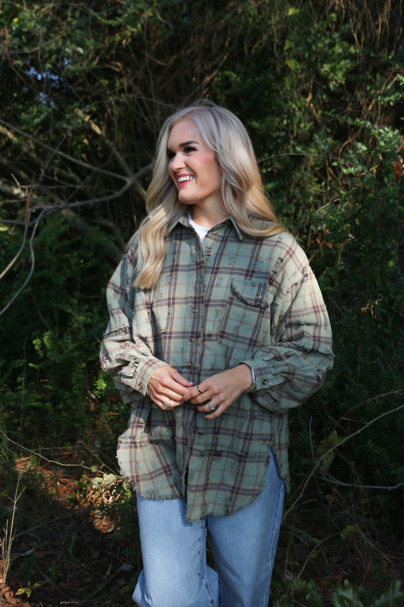 Flirty In Fall Distressed Plaid Flannel Top -2 Colors