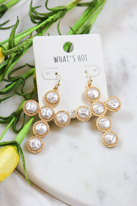 Gold Pearl Cross Earrings