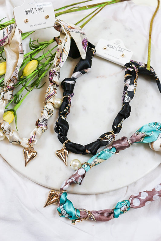 Knotted Scarf Necklace With Gold Charms -3 Colors