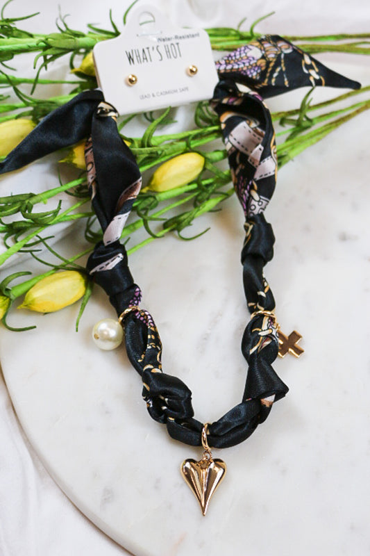 Knotted Scarf Necklace With Gold Charms -3 Colors