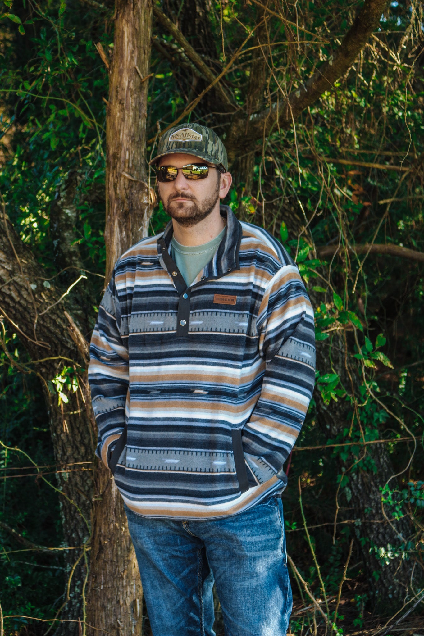 Men's Black Blue Striped Fleece Pullover