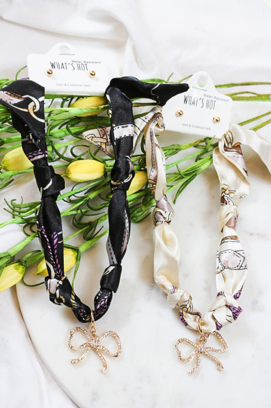 Knotted Scarf Rhinestone Bow Necklace -2 Colors