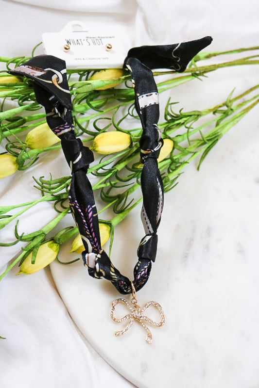 Knotted Scarf Rhinestone Bow Necklace -2 Colors