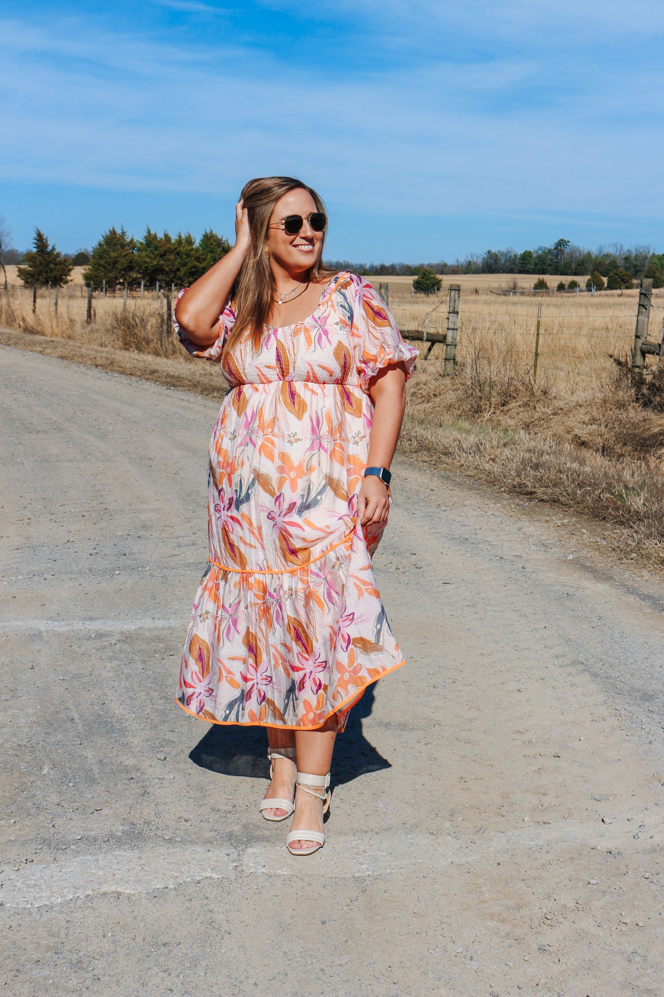 Paint The Sky Pink Orange Floral Smocked Midi Dress