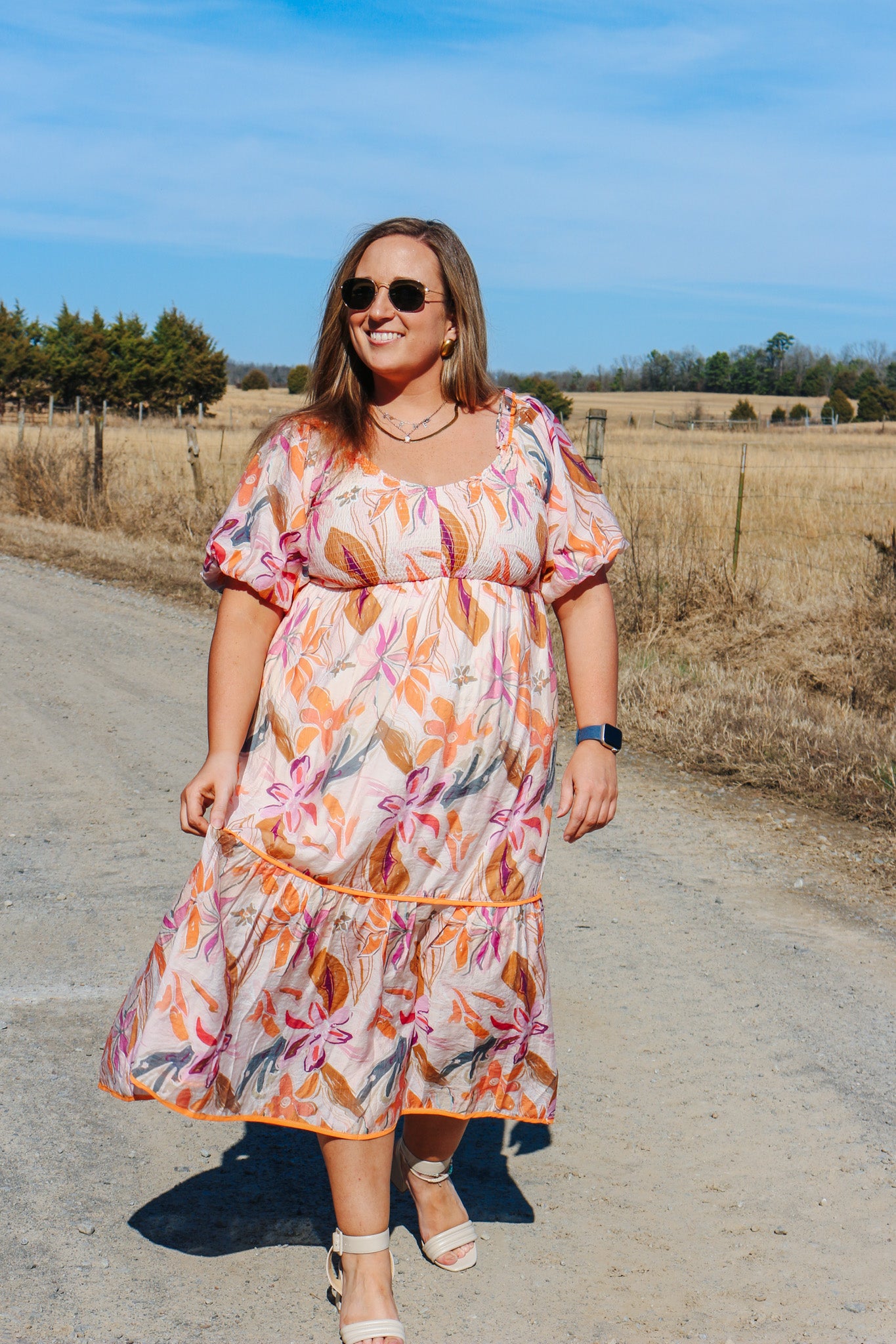 Paint The Sky Pink Orange Floral Smocked Midi Dress