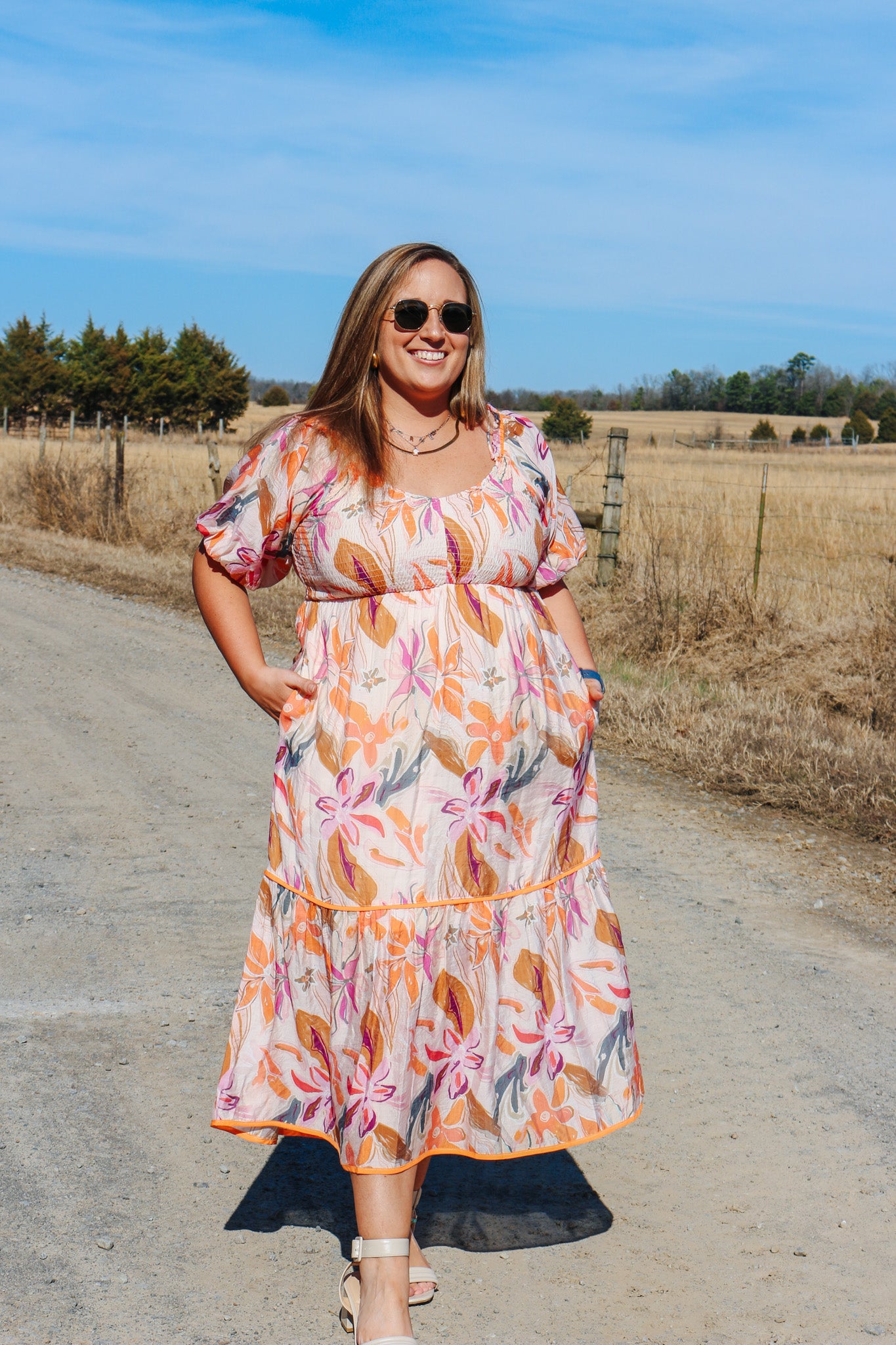 Paint The Sky Pink Orange Floral Smocked Midi Dress