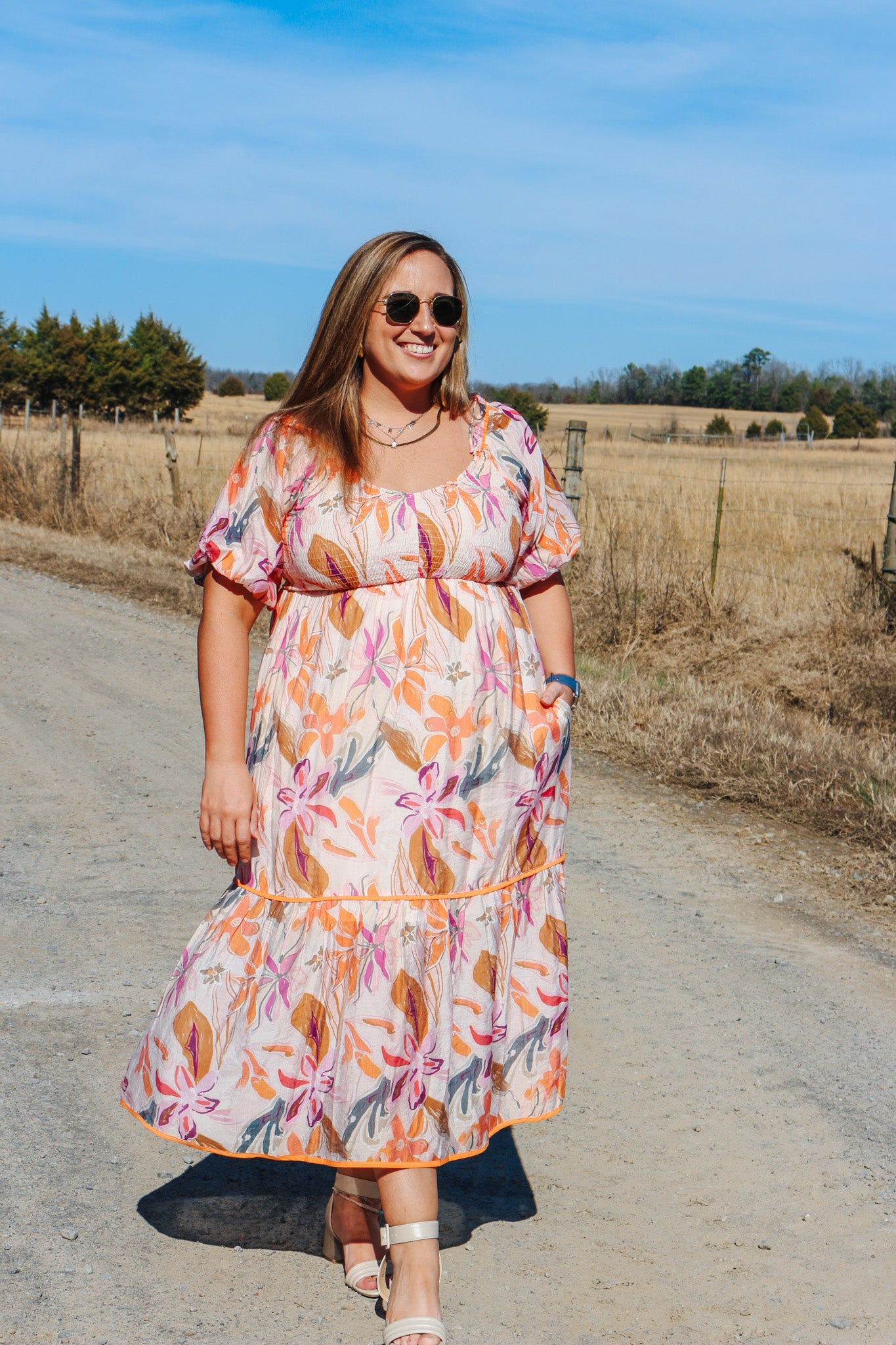 Paint The Sky Pink Orange Floral Smocked Midi Dress