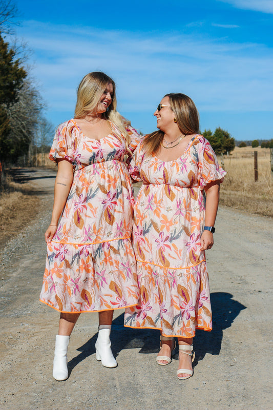 Paint The Sky Pink Orange Floral Smocked Midi Dress