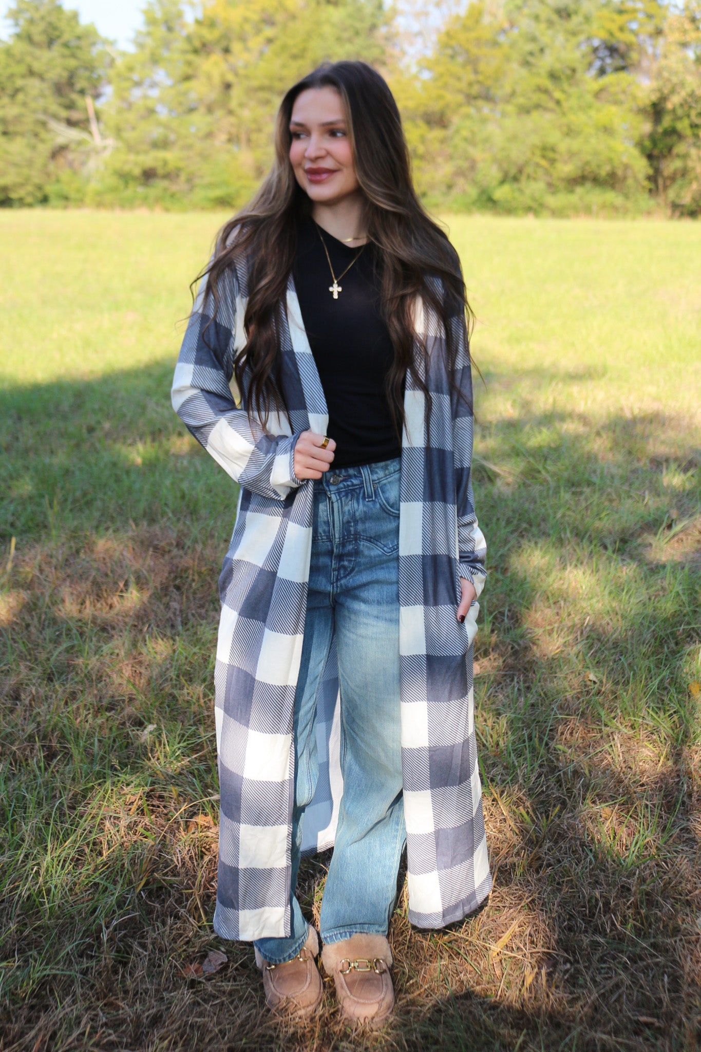 Maintain Effort Grey White Plaid Duster Cardigan