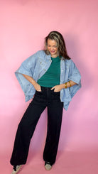 Dear John Audrey Black Stardust wide leg jeans styled with oversized denim jacket, front view