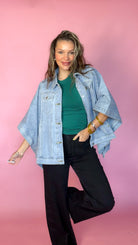 Dear John Audrey Black Stardust wide leg jeans with denim jacket, playful front pose