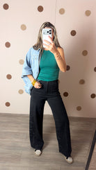 Dear John Audrey Black Stardust wide leg jeans, full-length mirror selfie with denim jacket