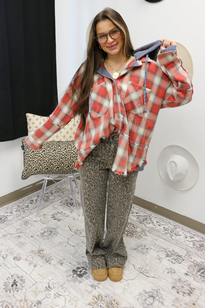 Bonfire Cutie Navy Red Plaid Hoodie Shacket