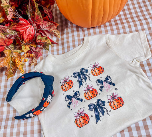 Pumpkin Bows Cream Kids Fall Tee