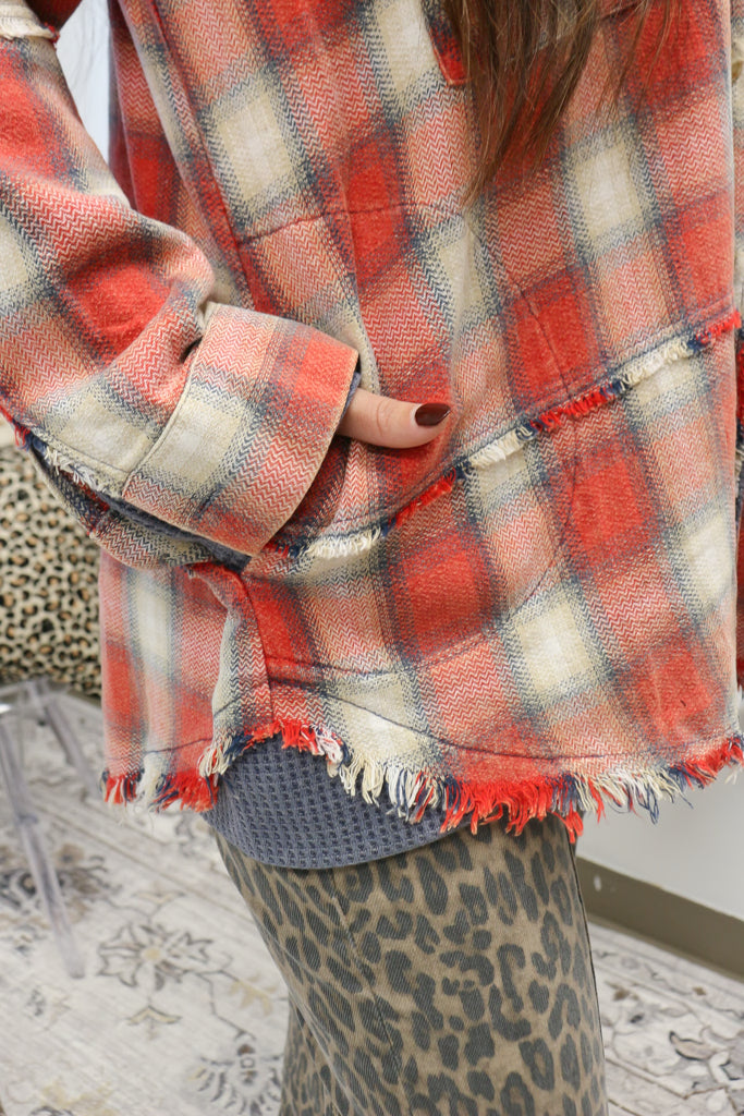 Bonfire Cutie Navy Red Plaid Hoodie Shacket