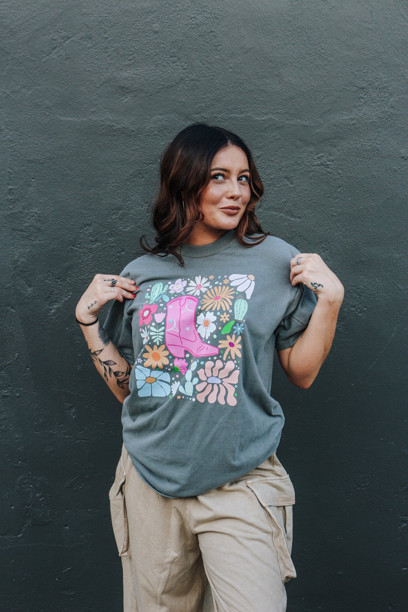 Floral Boot Grey Graphic Tee