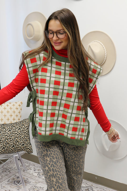 With Good Graces Green Red Plaid Sweater Vest