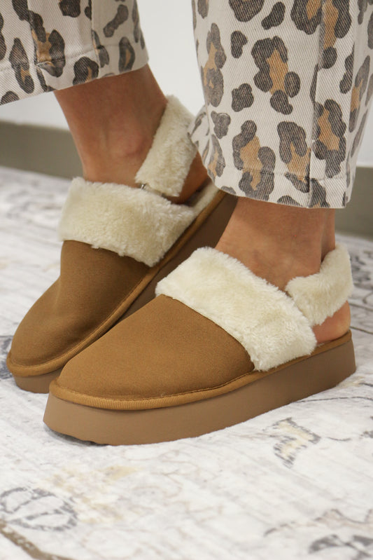 Icier Fuzzy Strap Platform Cognac Slippers MIA