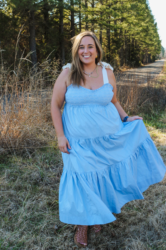 Spring Delight Blue Cream Smocked Dress