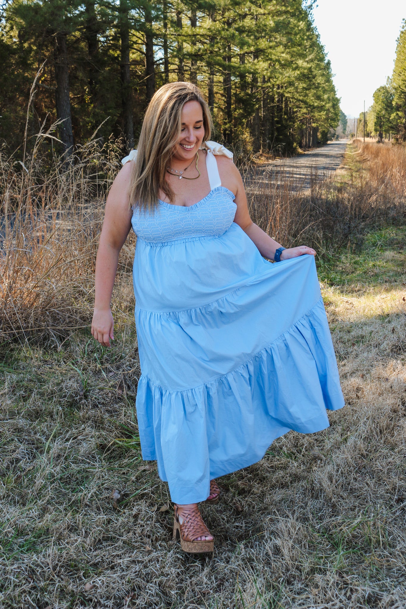 Spring Delight Blue Cream Smocked Dress