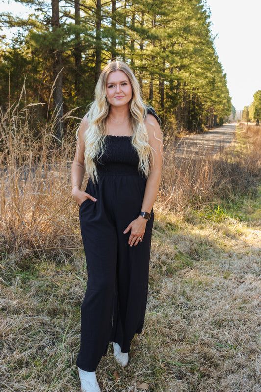 Grand Gestures Black Smocked Jumpsuit