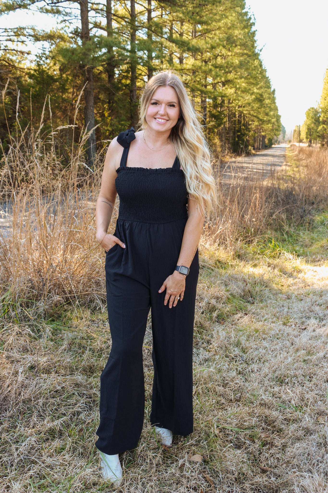 Grand Gestures Black Smocked Jumpsuit